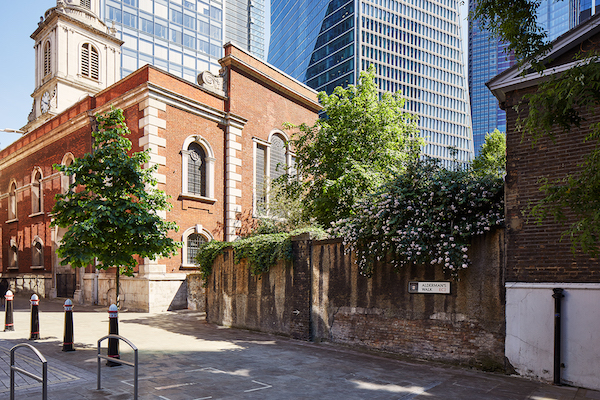 A combination of older red-brick buildings and new glass buildings near Myo's Liverpool Street offices.