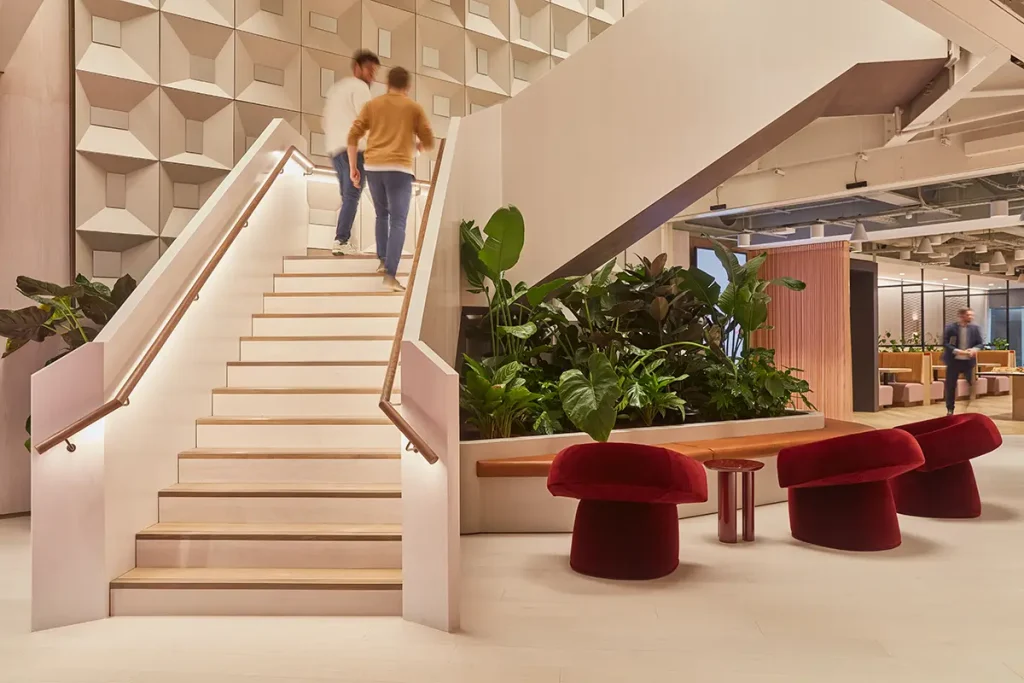 The spacious, modern reception area and staircase at Myo St Paul's.