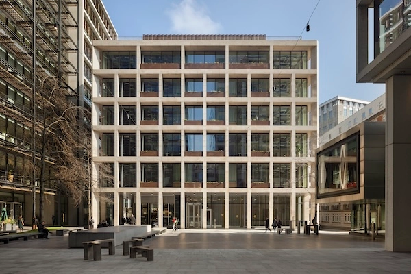 A clean and bright outdoor space surrounding Myo New Street Square with plenty of seating to enjoy lunch outside.