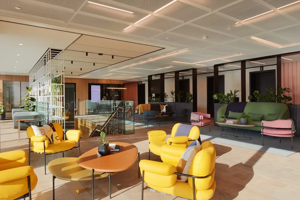 A large shared space with plenty of seating and natural light located in Myo Liverpool Street office.